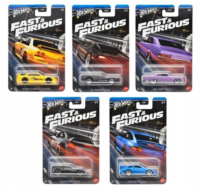 Hot Wheels Fast & Furious 2024 HRW51-55 sada 5 áut – Nissan Skyline GT-R, Porsche 911 GT3 RS a ďalšie