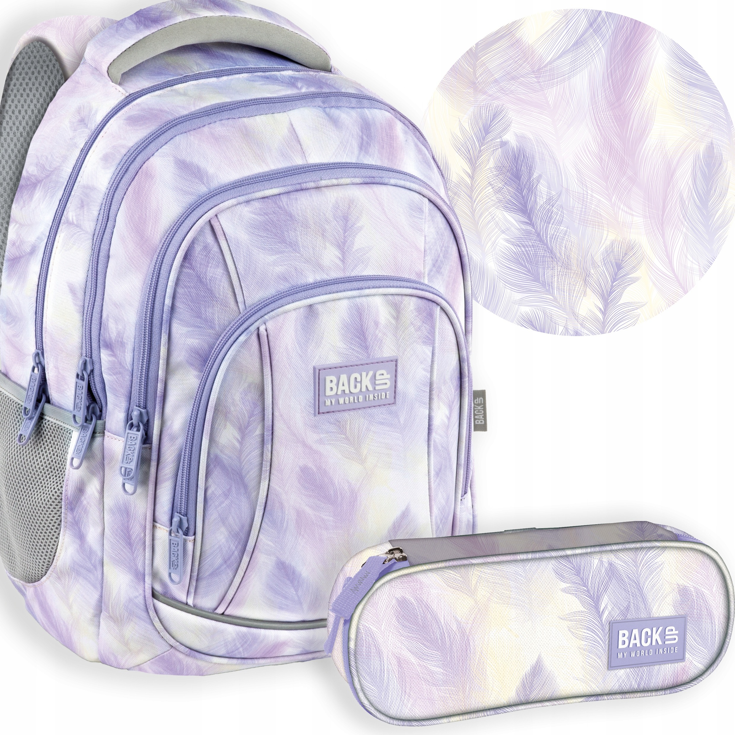 BackUP Pastel Feathers školský set 2v1 pre dievčatá – batoh a peračník 26 l