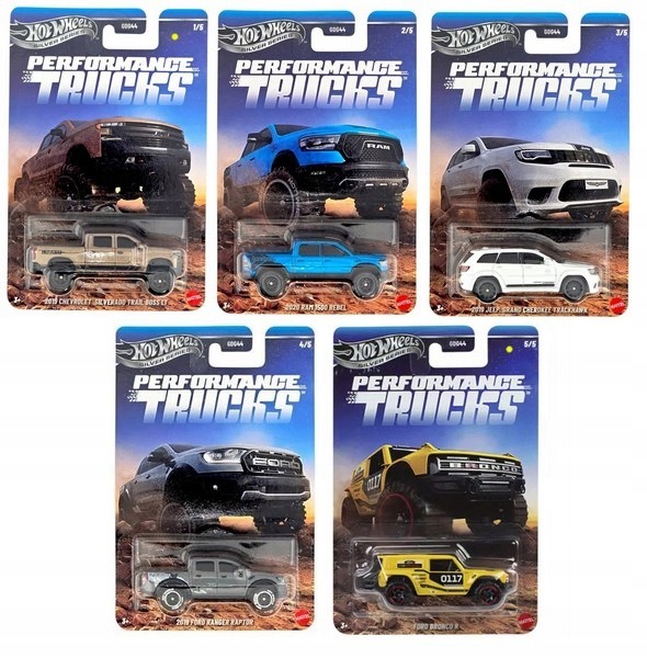 Hot Wheels Silver Series Performance Trucks sada 5 áut – Chevrolet Silverado, RAM 1500, Jeep Trackhawk, Ford Ranger Raptor, Bronco R