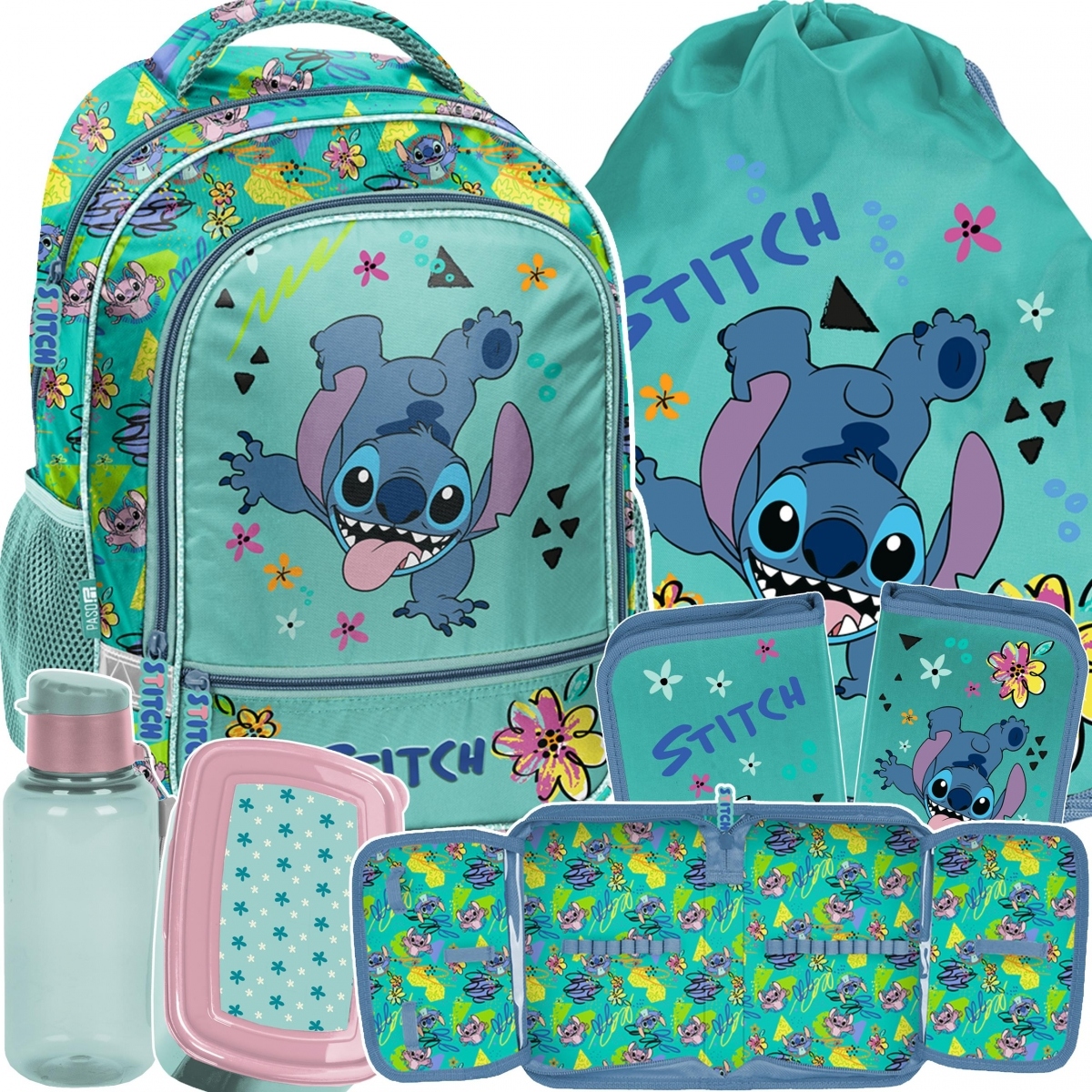 Školský batoh Stitch 5v1 pre prváčky - plecak, peračník, taška na desiatu, vrecúško na telesnú výchovu a fľaša