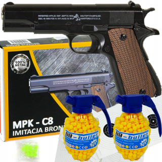 Colt M1911 kovová pištoľ pre gule + 2x granáty