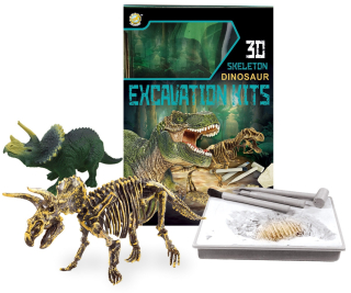 Vykopávky dinosaura skamielínovej kostry a figuríny