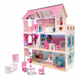 Dollhouse Wooden MDF + nábytok 70 cm ružová