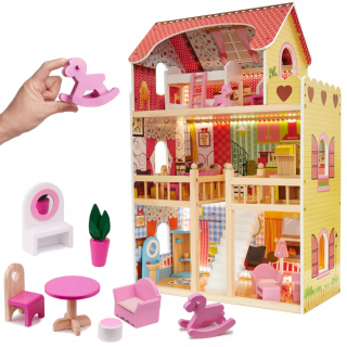 Dollhouse Drevená + nábytok LED 90 cm ružová