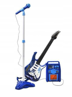 Elektrická gitara + mikrofón + modrý zosilňovač