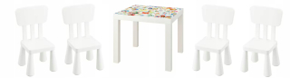 Ikea chýba tabuľka Huslia + Mammut 4 biele stoličky