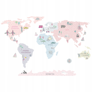 Mapa sveta ružová - nálepka na stenu Ružová. L