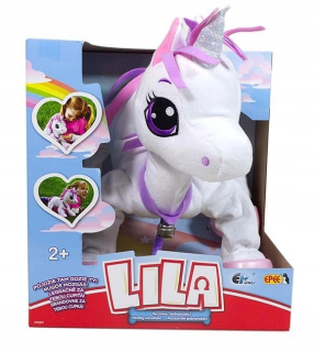 Dúhový maskot jednorožca lila, chôdza