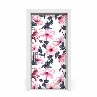 Nálepka na dvere ružové kvety hibiscus 95x205