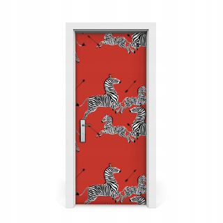 Nálepka na dvere Zebra na červenom pozadí 85x205