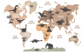 Nástenné nálepky mapa sveta s dinosaurami