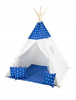 Teepee Modrý stan pre deti s hviezdičkami + vankúšiky