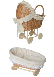 Prémiový kočík pre bábiky +Cradle béžová polka bodky