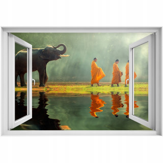 Samolepiaca dyha 3d okno Elephants Monks 90x60