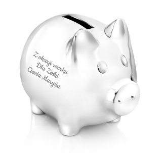 Silver Piggy Bank Gravírovanie krstu na rok