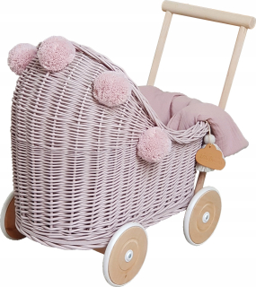 Doll prútený kočík špinavá ružová posteľná bielizeň