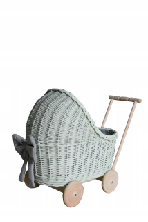 Prútený kočík pre bábiky Mint Pusher + posteľná bielizeň