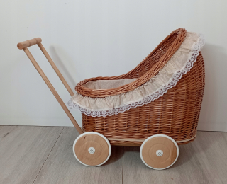 Prútená kočík pre bábiky Pusser Prírodná posteľná bielizeň