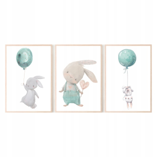 Nastavte 3 obrázky A3 Mint Bunny Plagáty