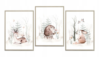 Sada 3 plagáty Deer Teddy Bear Bunny vzory A3
