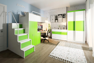 Sada nábytku: Kiki Bunk Bed + hrudník zásuviek + šatník