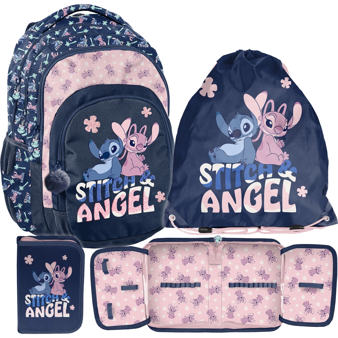 Školský set Disney Stitch a Angel - plecak, púzdro, vrece, modrá farba